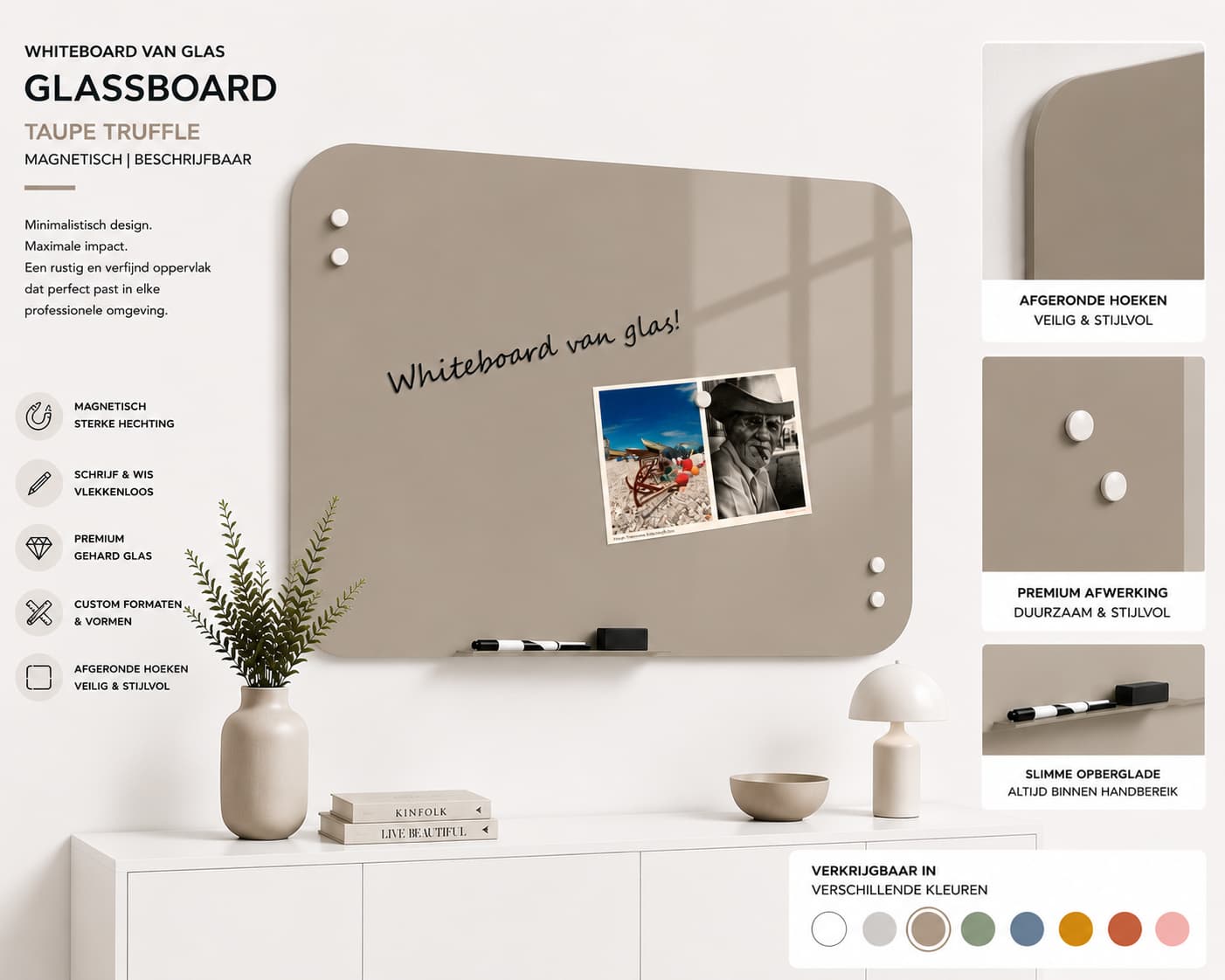 Whiteboard Glas - afgeronde hoeken - Taupet Truffle