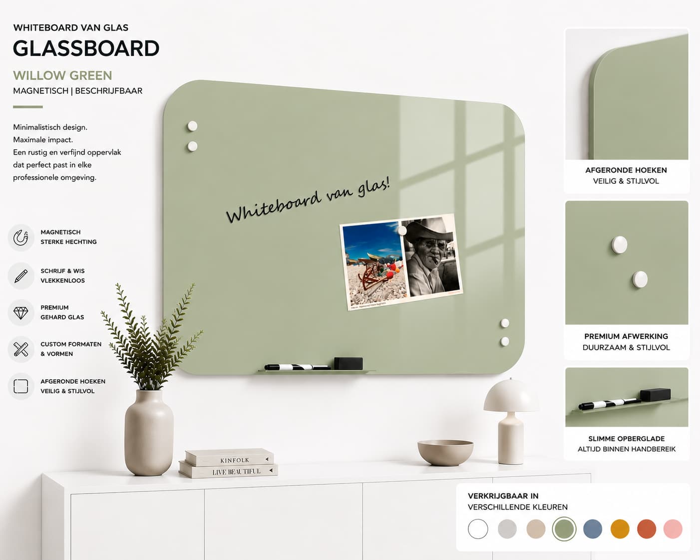 Whiteboard Glas - afgeronde hoeken - Willow Green