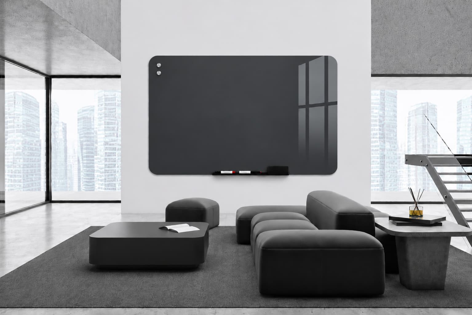 Whiteboard Glas - afgeronde hoeken - Charcoal Shadow - Anthracite Grey