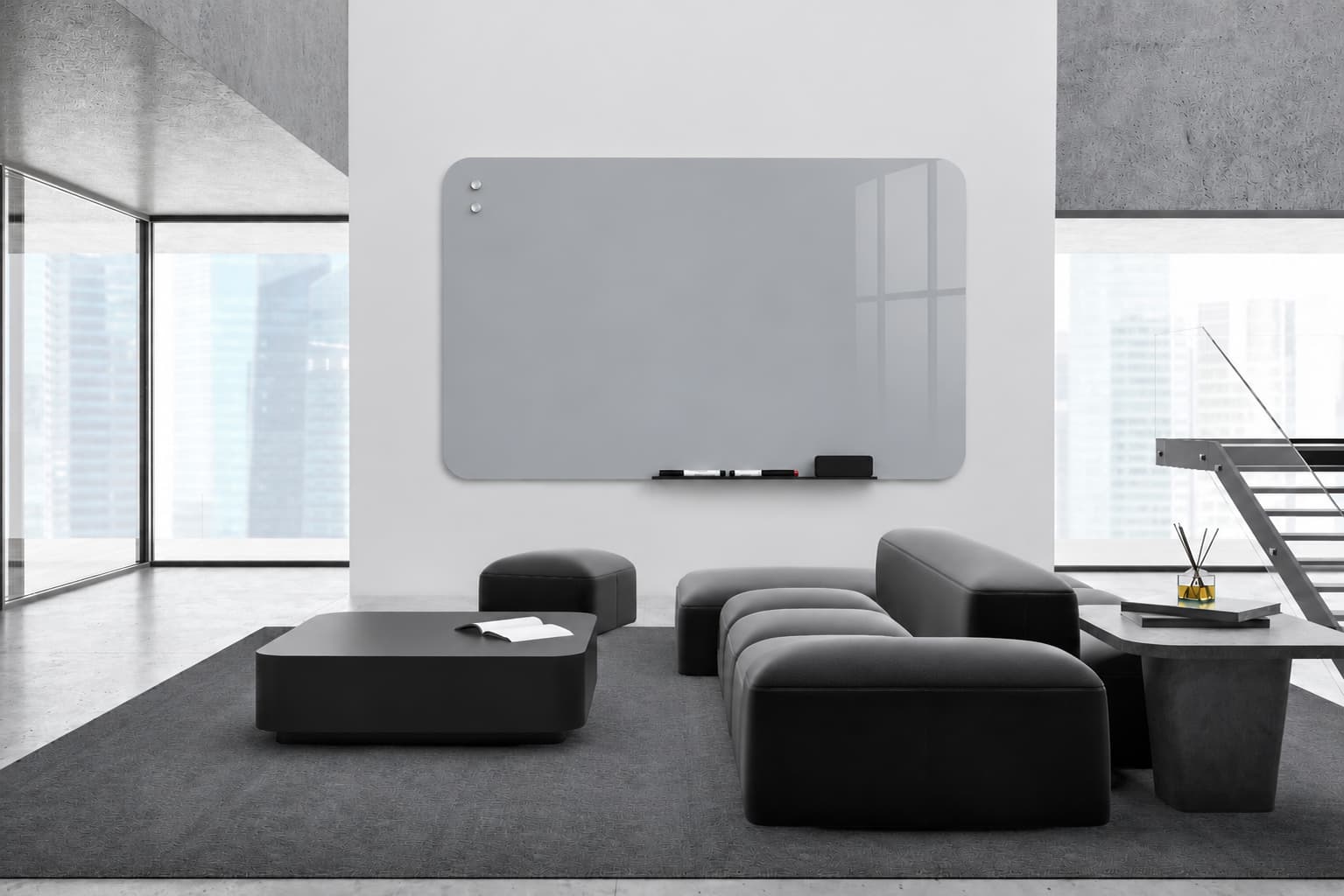 Whiteboard Glas - afgeronde hoeken - Graphite Haze