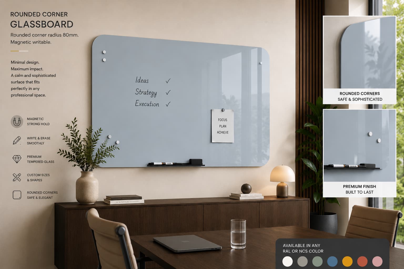 Whiteboard Glas - afgeronde hoeken - Graphite Haze