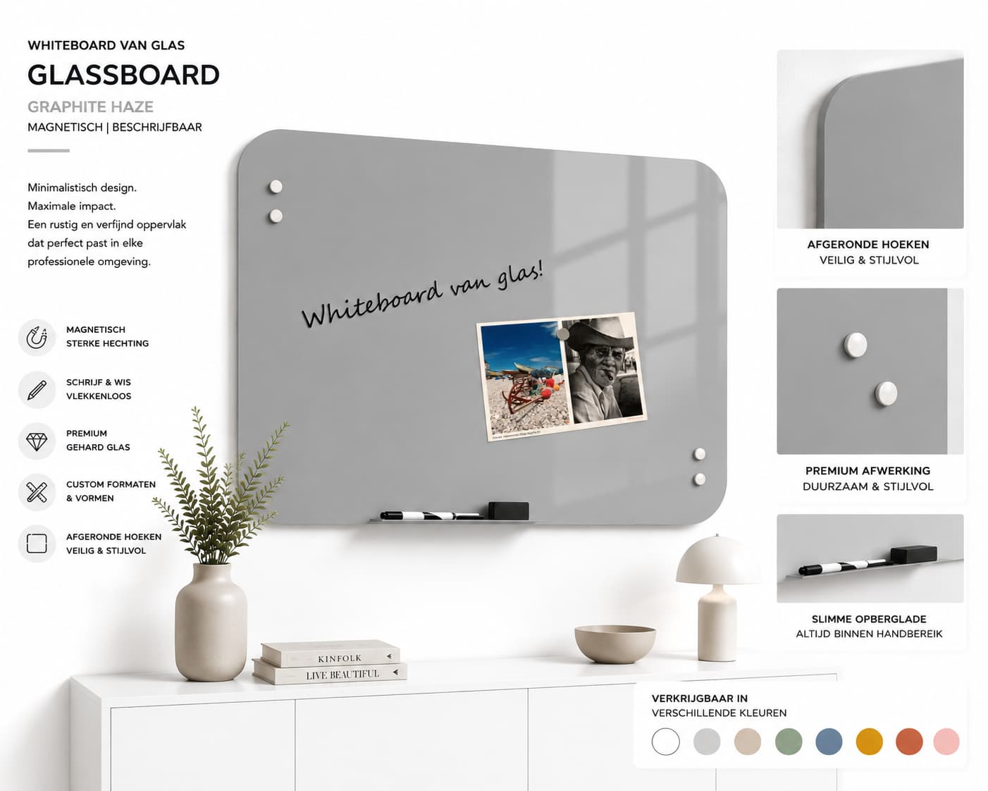 Whiteboard Glas - afgeronde hoeken - Graphite Haze