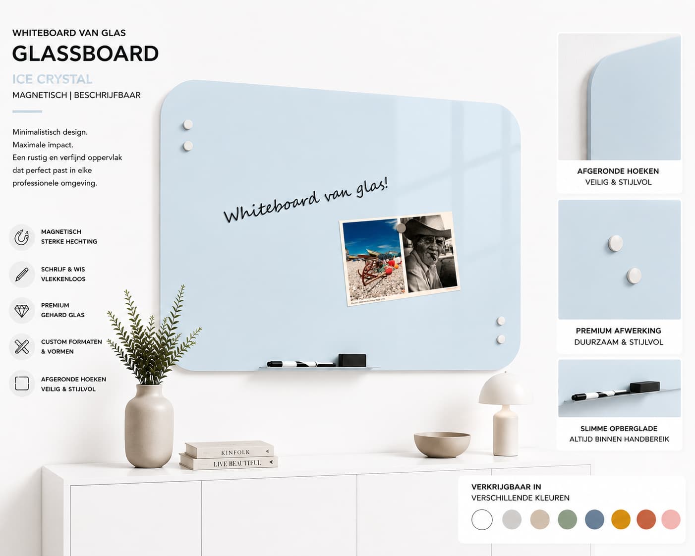 Whiteboard Glas - afgeronde hoeken - Ice Crystal