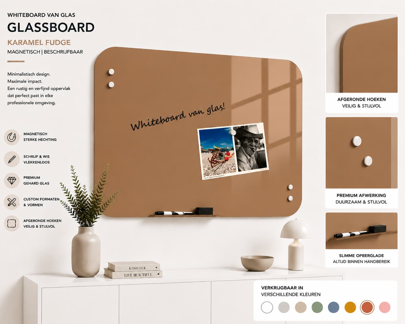 Whiteboard Glas - afgeronde hoeken - Karamel Fudge