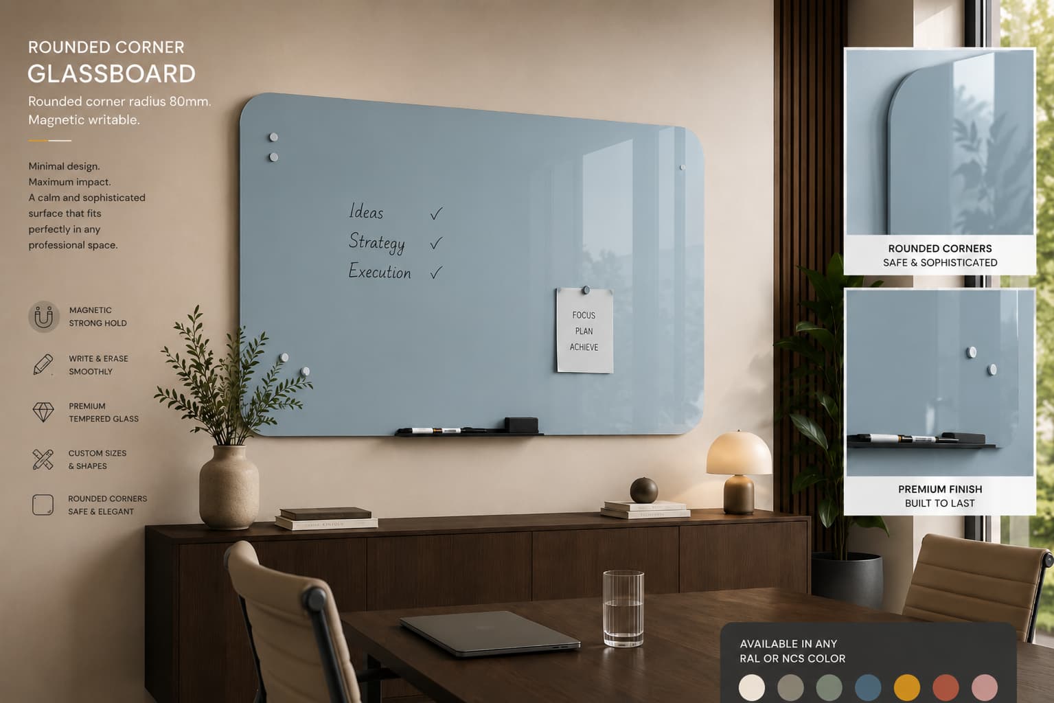 Whiteboard Glas afgeronde hoeken - Ocean mist