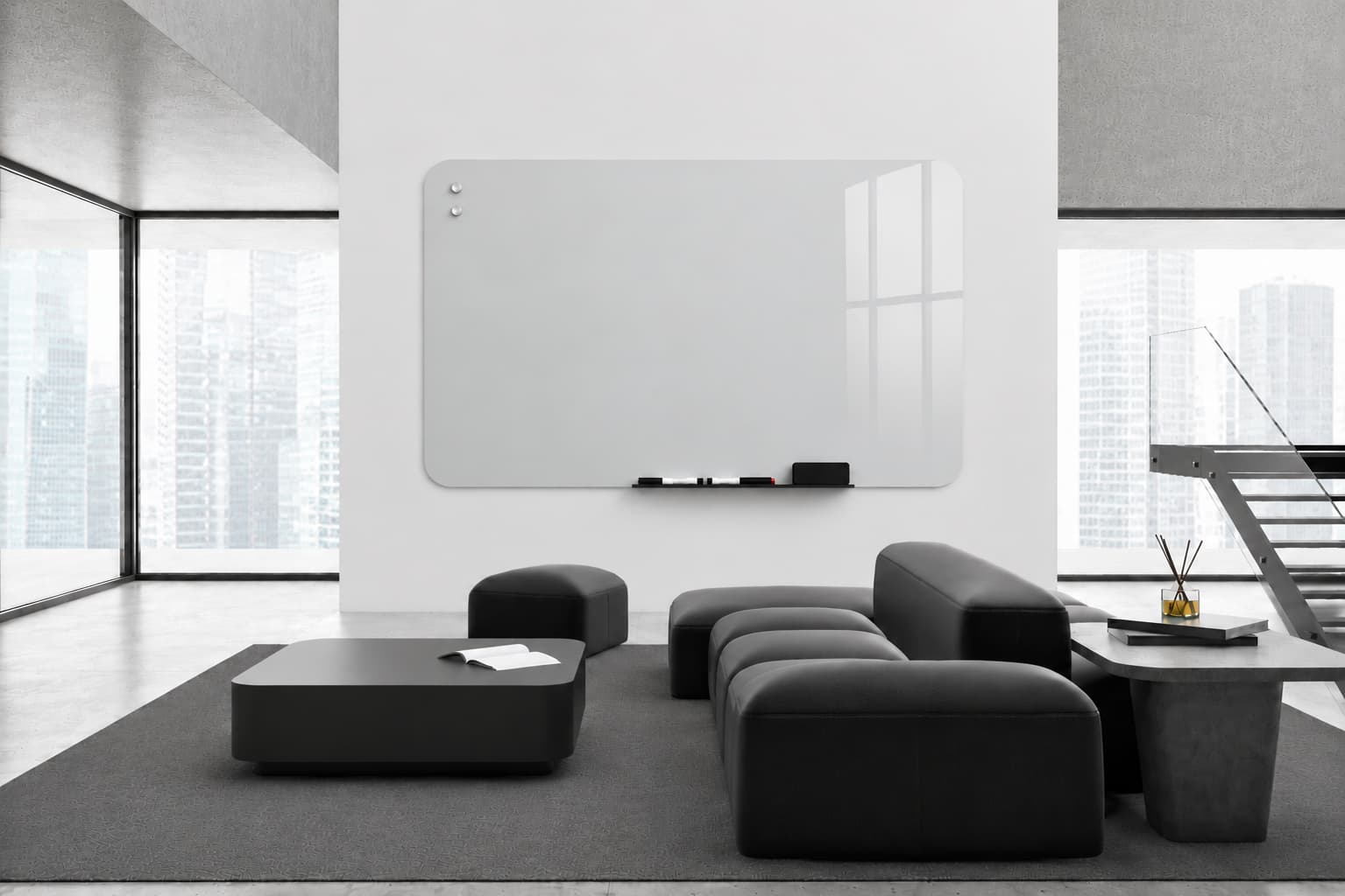 Whiteboard Glas - afgeronde hoeken - Silver Mist