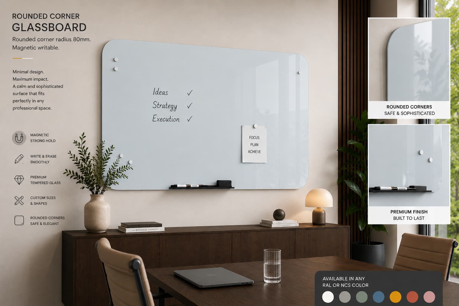 Whiteboard Glas - afgeronde hoeken - Silver Mist