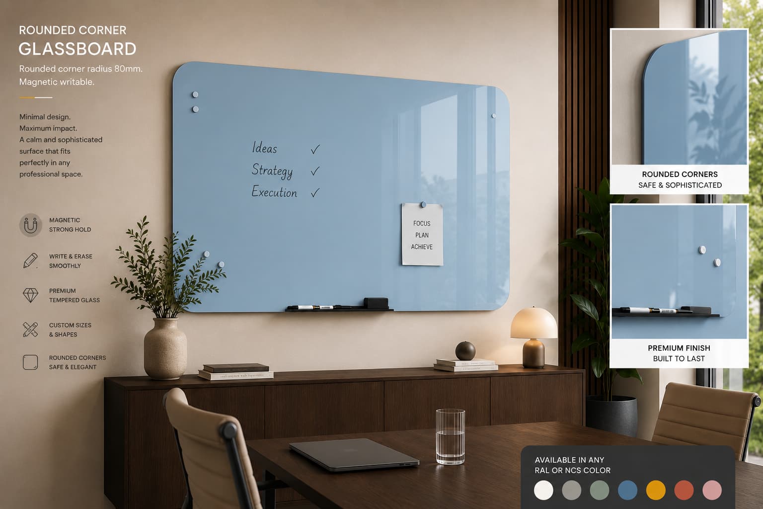 Whiteboard Glas - afgeronde hoeken - Sky Blue