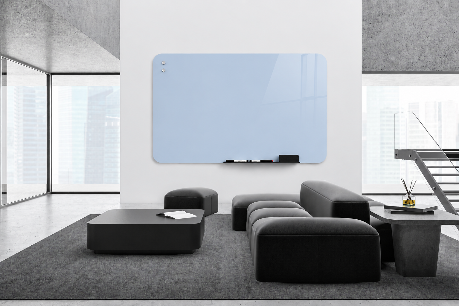 Whiteboard Glas - afgeronde hoeken - Sky Blue