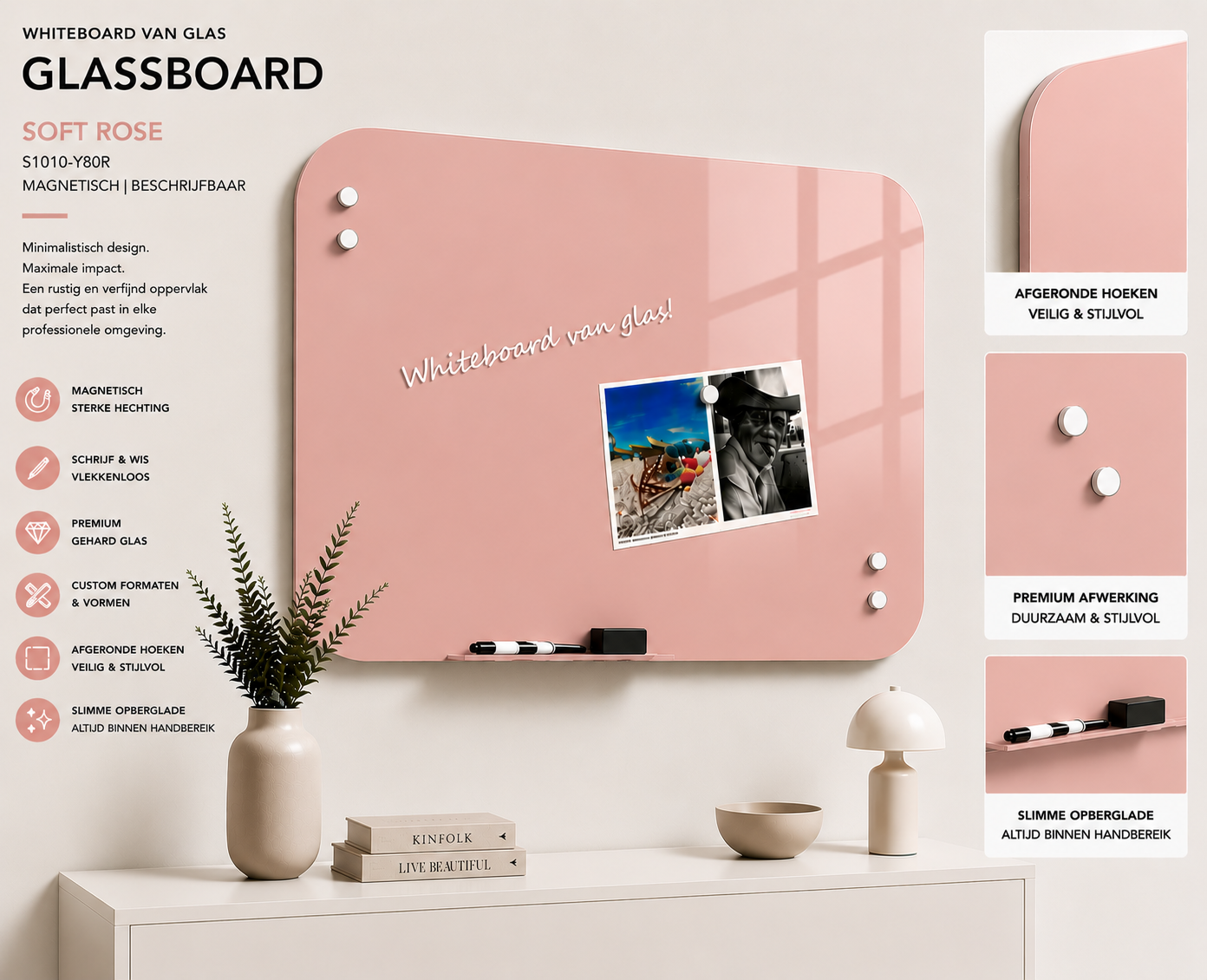 Whiteboard Glas - ronde hoeken - Soft Rose