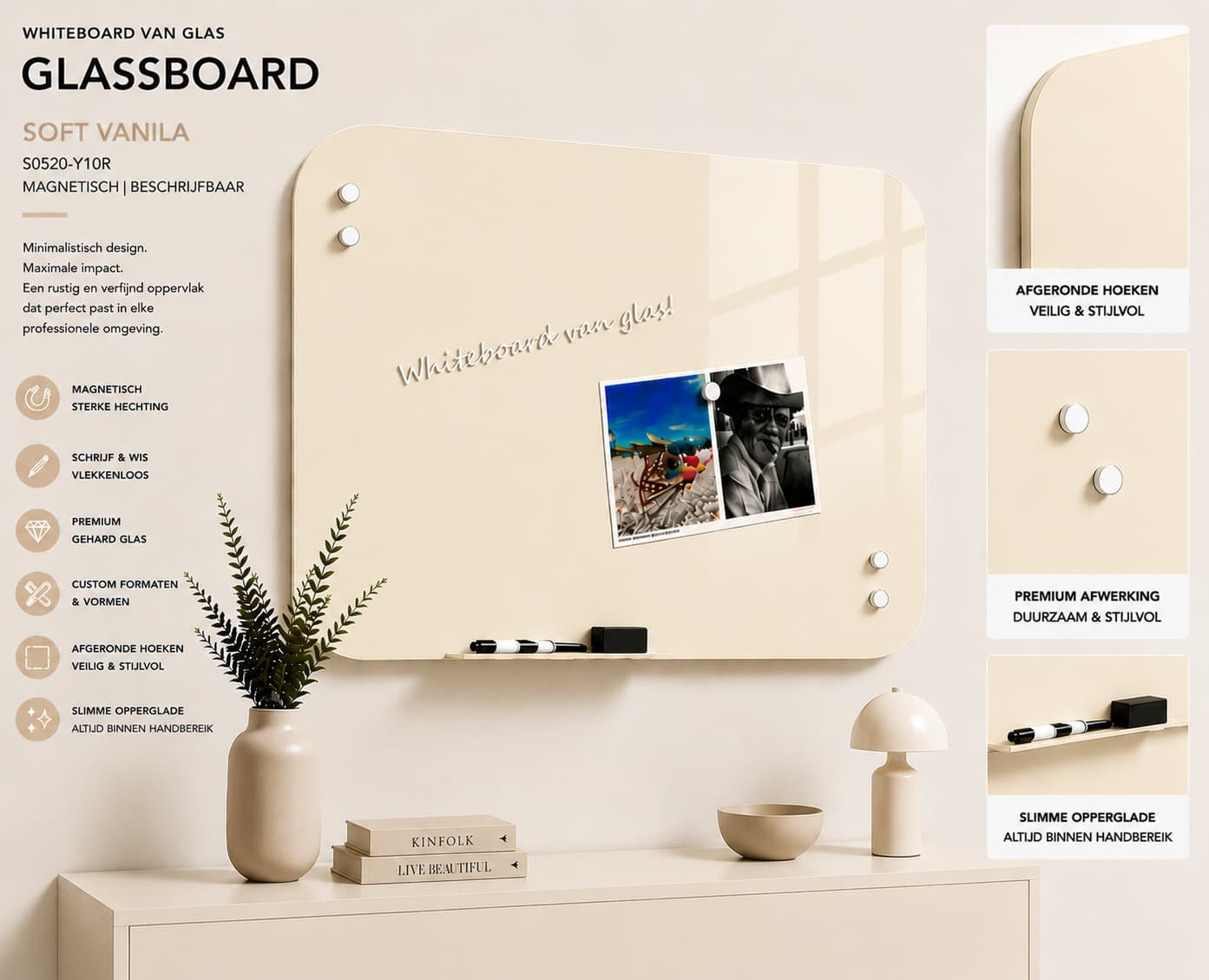 Whiteboard Glas  - afgeronde hoeken - Soft Vanilla