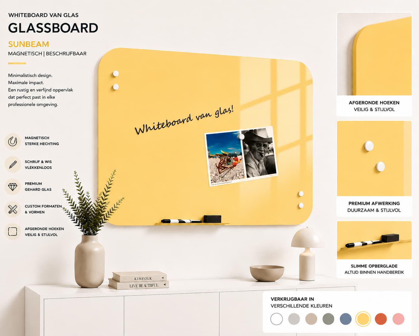 Whiteboard Glas - afgeronde hoeken - Sunbeam