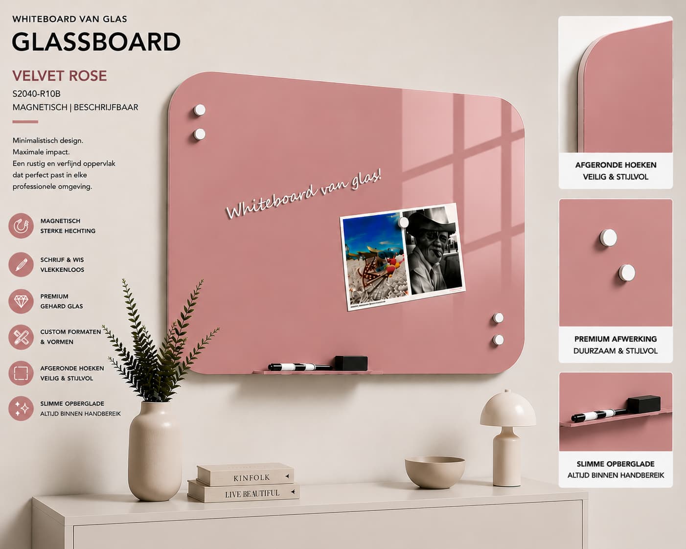 Whiteboard Glas - afgeronde hoeken - Velvet Rose