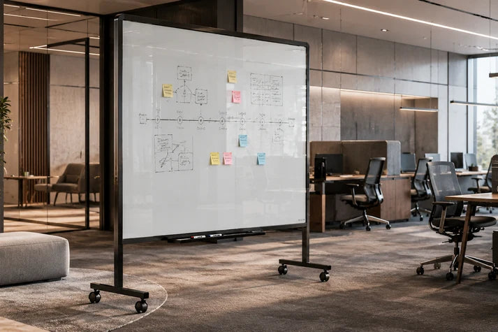 Mydesignglas Mobiel Glazen Whiteboard – Magnetisch & Akoestisch - Glass wall Mobile Board – Design Mobileboard op Wielen